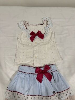 Girls Two-Piece Eyelet Top & Skirt Set with Burgundy Bows